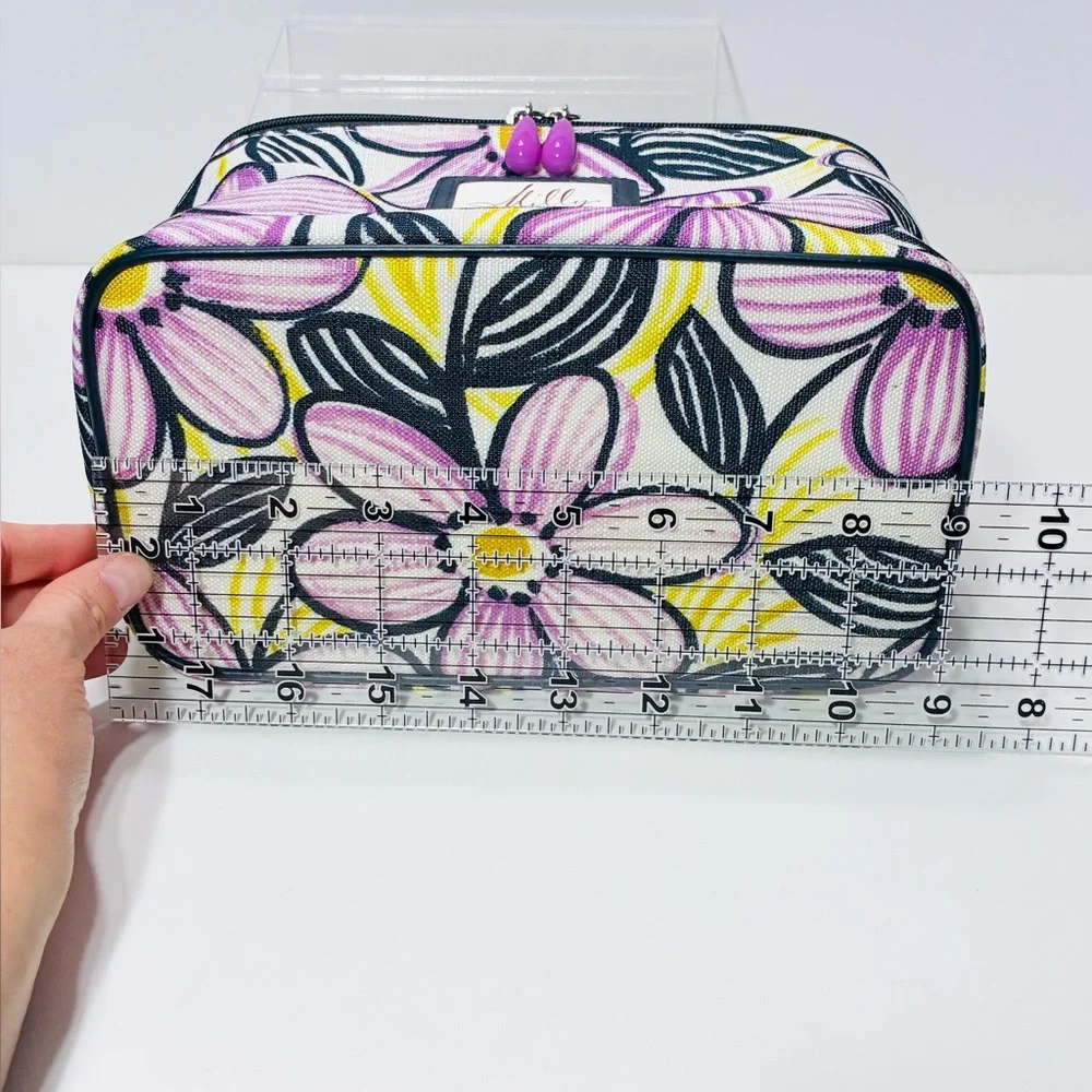 Milly for Clinique Floral Pattern Cosmetic Bag Purple Yellow Navy 5”x9”x6”